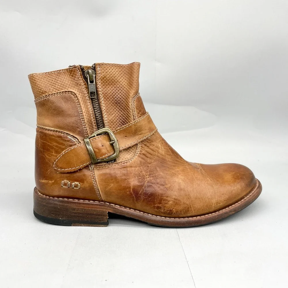 Bed Stu Womens 9 Becca Boots Tan Rustic Leather Moto Booties Zip Buckle Western - Picture 1 of 11